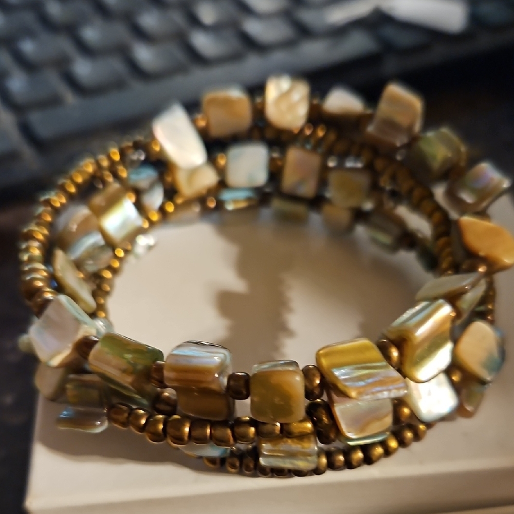 Mother Of Pearl Brown Beaded Coil Wrap Bracelet